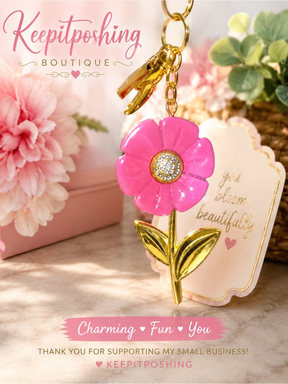 Pink Flower Keychain with Gold Stem